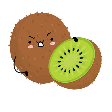 Cute kiwi fruit character with half slice vector illustration
