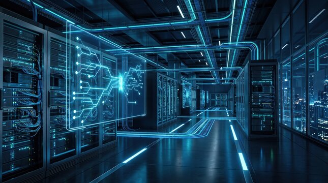 Data center technician monitoring server infrastructure in high-tech facility with neon lighting