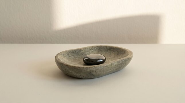 Close-up of a person holding a soapstone dish with hematite stone in a minimalist setting with natural light