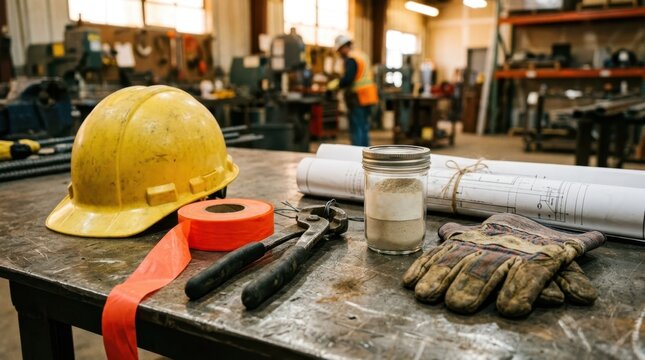 Hard hat, survey tape, rebar tie pliers, sample jar of powder, gloves and rolled site plans on a construction table