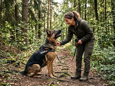 The German Shepherd relishes the tranquil forest surroundings during training, highlighting its nature as a devoted companion and protector