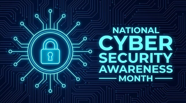 National cybersecurity awareness month october glowing neon lock icon on circuit board background for digital protection concept.