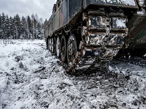 Intimate view of armored tank treads in a snowy setting