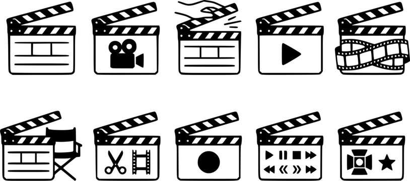 Clapperboard icon set featuring film production, video, and play button symbols for movie editing, cinema, and multimedia design projects.
