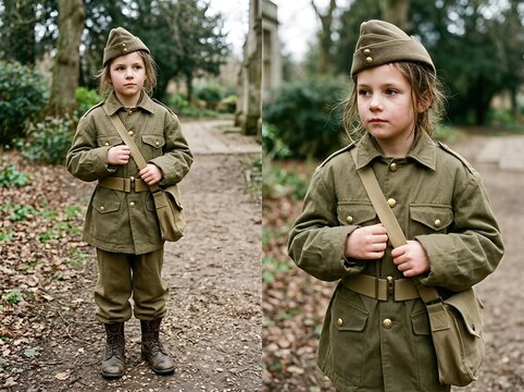 The young girl is outfitted in a retro military uniform, resembling a soldier