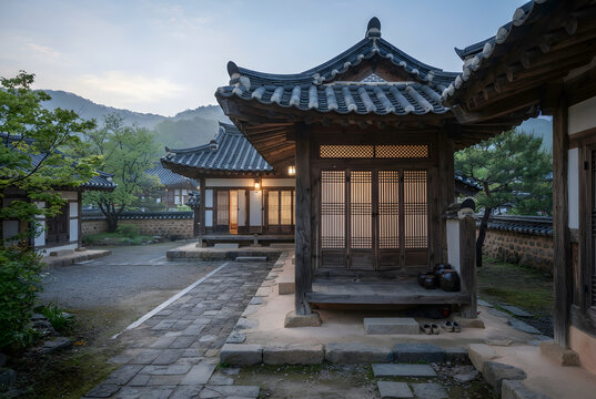 Traditional Korean hanok courtyard in quiet morning light