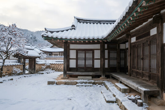 Traditional Korean hanok courtyard in quiet morning light - variation 2