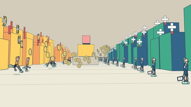Animated health ecosystem concept showing a split city street with doctors and medical buildings on one side and citizens roller skating among falling money on the other side