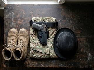 Obraz premium Military boots, pants, a bowler hat, and a pistol in a holster are arranged on a dark background in a flat lay top view, with ample copy space for workspace
