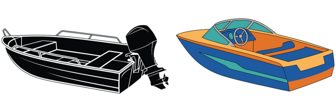motorboat icons, small outboard engine boats, water transport symbols, nautical vehicle graphics, marine travel, boating equipment, vector illustration collection.

