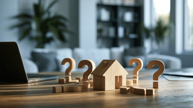 Wooden house model with question marks on a table in a cozy living room, symbolizing uncertainty in real estate decisions and home buying process