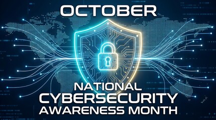 Naklejka na ściany i meble October national cybersecurity awareness month concept featuring glowing shield with lock icon over world map and digital network.