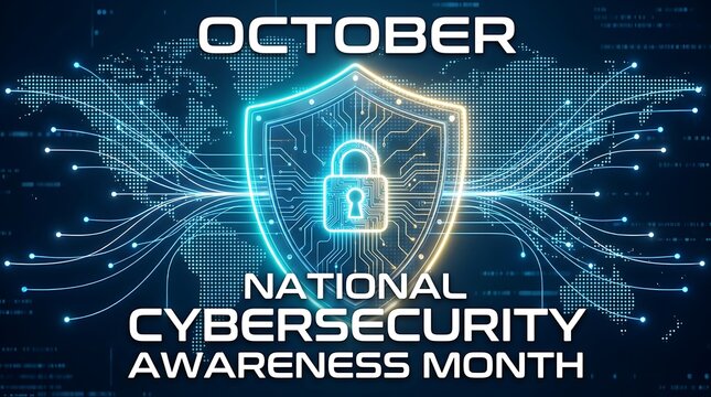 October national cybersecurity awareness month concept featuring glowing shield with lock icon over world map and digital network.