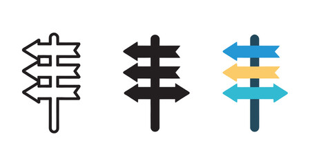 Directional signpost icon vector set with multiple styles and colors, navigation symbols, wayfinding signs, road directions, location markers and travel guidance. © MdSofiar