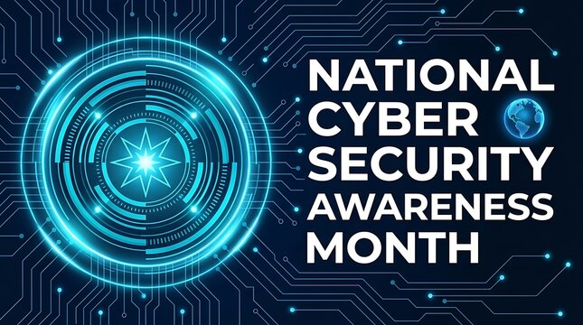 National cyber security awareness month with glowing abstract digital circuit background and globe icon symbolizing global online protection.