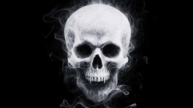 Eerie white smoke forming a human skull shape on black background for spooky and horror themes