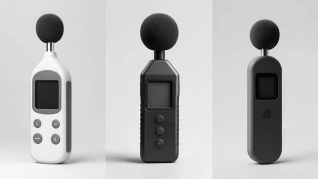 Three modern handheld sound level meters with foam windshields for noise measurement and audio monitoring