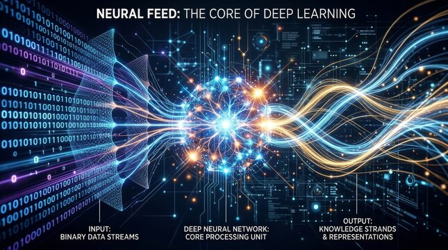 Abstract high tech banner representing the core of deep learning, featuring binary data streams as input, a central neural network processing unit, and glowing knowledge strands as output.