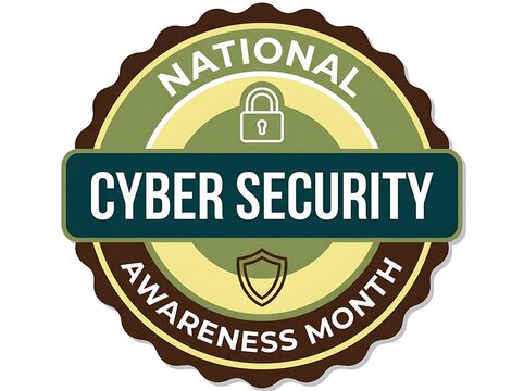 National cyber security awareness month badge with lock and shield emblems in green and brown color scheme celebrating data safety.