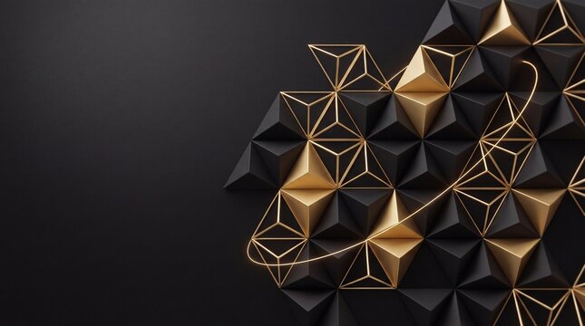Intricate geometric pattern with gold wireframe connecting black and gold pyramids, abstract luxury background, digital art