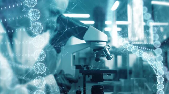 Virologist scientist using microscope in laboratory for DNA biochemical research. Medical lab equipment and doctor pharmacist searching for vaccine to treat diseases and advance healthcare
