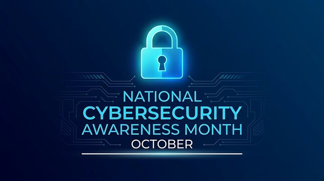 National cybersecurity awareness month october digital lock and circuits celebrating online safety and data protection with blue glowing elements.