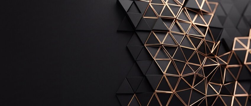 Abstract geometric pattern of black triangles with gold lines, dark textured background, modern luxury design, futuristic concept
