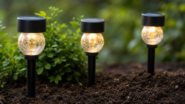 Solar garden lights glowing warmly in a lush green outdoor garden at dusk with rich soil and plants