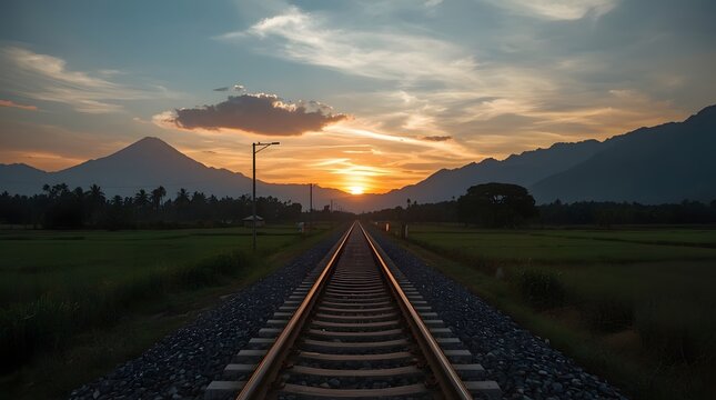 Long Railway Tracks Leading Toward Majestic Mountains at Sunrise