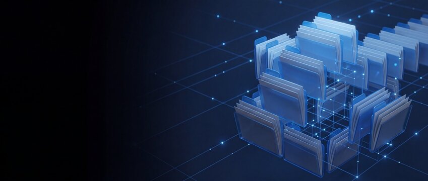 Digital data storage and organization with organized folders in a futuristic abstract network, representing cloud computing and information technology concepts