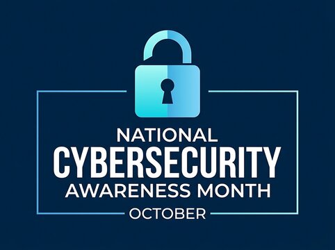 National cybersecurity awareness month concept with glowing padlock graphic and dark blue binary code background for October protection.