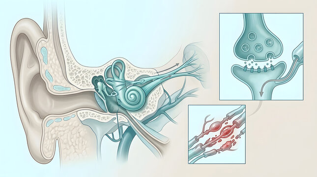 Ear anatomy, hearing and auditory system with cochlea for medical education, healthcare and science research. Sensory organ, human health and biology with nerves, synapse and canal in clinic info