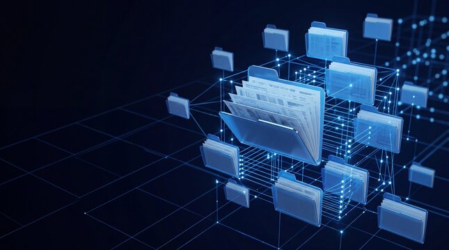 Digital data organization system, connected folders and files in a network, representing information management and technology concepts, with glowing blue light.