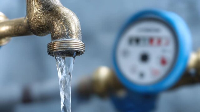 Close up of water flowing from a metal faucet with a water meter in the background for water usage monitoring