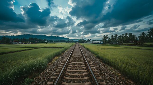 Wide Indonesian Countryside Landscape with Railway Tracks and a Distant Train