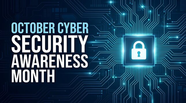 October cybersecurity awareness month digital padlock on circuit board background for online data protection and system security.