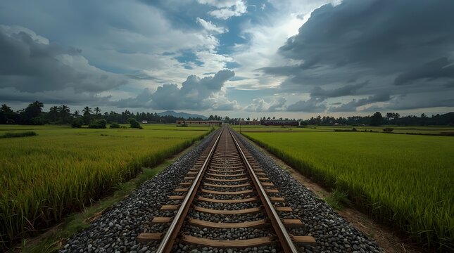 Distant Train Traveling Through Lush Rice Fields Under a Dramatic Overcast Sky