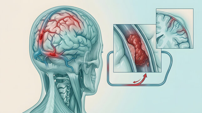Brain stroke, blood clot and human head illustration for neurology, healthcare and medical science research. Vessel blockage, embolism and arterial disease with brain anatomy for surgery study