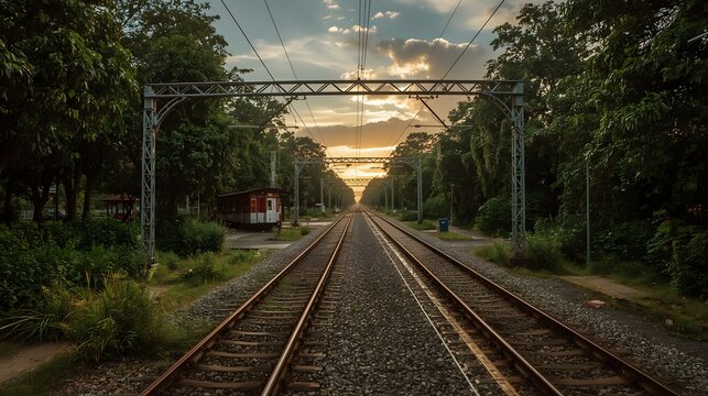 Nostalgic Vintage Train Station with Classic Railway Tracks and Lush Greenery