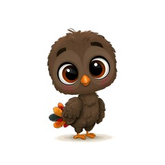 Fototapeta premium Cute cartoon baby owl with big eyes and colorful tail feathers