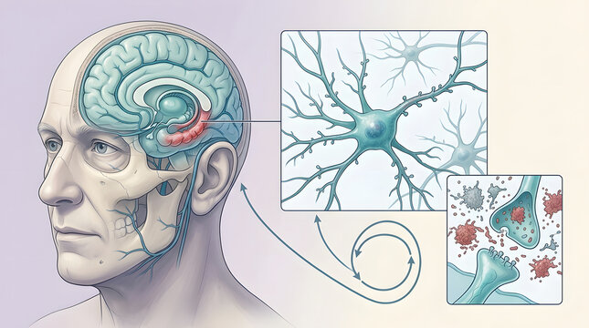 Brain anatomy, neuron and synapse in human head for medical education, healthcare research and dementia study. Neurology, cognitive health and memory loss with mental disease and brain sicknesses