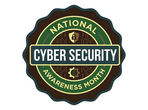 National cybersecurity awareness month october emblem design with lock and shield icons and circuit pattern for promotional materials.
