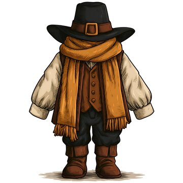 Illustration of a pilgrim costume with hat, scarf, vest, shirt, pants and boots