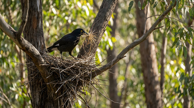 Australian Magpie Building Nest with Twigs in Eucalyptus Tree Nature Wildlife