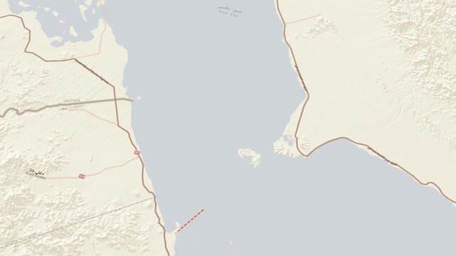 Bab al mandab strait map zoom in showing red sea shipping route between yemen and djibouti coastline.