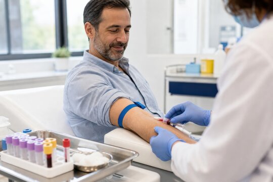 Male patient having blood drawn by healthcare worker during medical test in modern clinic
