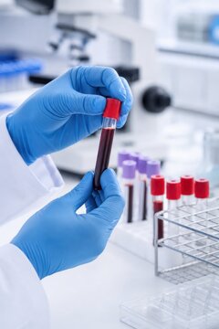 Scientist holding blood sample tube in laboratory with medical analysis equipment