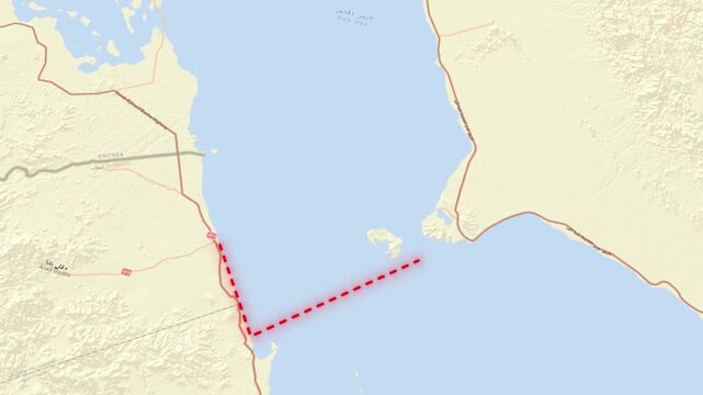 Bab el mandeb strait map illustrating maritime security concern zones with red warning triangle shape.