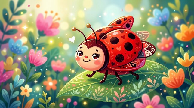 A charming children's illustration of a smiling ladybug on a green leaf. Generative AI 