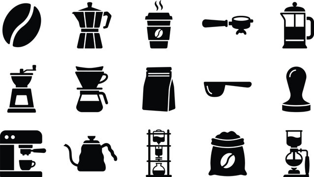 Set of black silhouette coffee icons featuring brewing equipment and beans